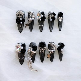 GLORS Luxury Press-On Nails, 3D Black Roses with Silver Glitter, Pearl and Rhinestone Decorations, Handmade False Nail 10 Pieces (XS, LS)