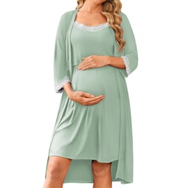Ekouaer Women Lace Maternity Nursing Gown and 3/4 Sleeve Robe Set Double Layer Breastfeeding Nightgown Slip Dress & Bathrobe Light Green L