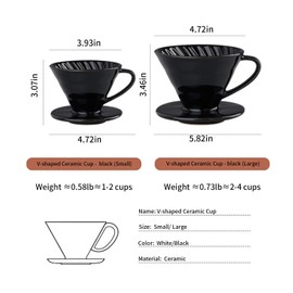 Pour Over Coffee Maker, Pour Over Coffee Dripper, Manual Porcelain Slow Brewing Accessories for Travel, Camping, Office, Home, Cafe, Coffee Gifts(Black, Large, 2-4Cups)