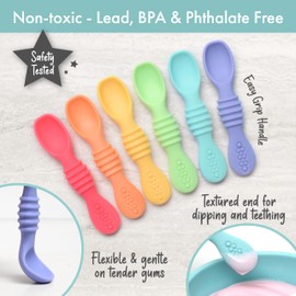 PrimaStella Silicone Chew Spoon Set for Babies and Toddlers | Safety Tested | BPA Free | Baby Spoon 6 Pack (Bright Rainbow)