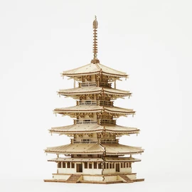 wa-gu-mi Five-storied Pagoda Wooden Architecture 3D Puzzle - Fun DIY Wood Craft Kits - Ideal Gift for Birthdays and Party Favors