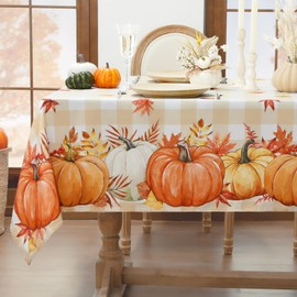 Softalker Autumn Table Cloth Wipe Clean Orange Pumpkin Gingham Tablecloth Water Resistant Rectangular 140x200 cm Washable Fall Table Cover for Party Kitchen Festival Halloween Thanksgiving Decorations