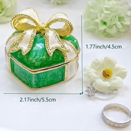 Qsabv Mini Trinket Box, Bow-knot Heart Shape Gift Box Hinged Jewelry Box Vintage Metal Enameled Decorative Box Ring Earrings Jewelry Organizer for Women Girls Wedding Birthday, Green
