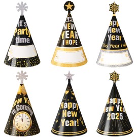 12Pcs Happy New Year Party Hats for Kids Adults, 6 Styles Adjustable Paper Cone Hats Black Gold Silver Name DIY New Years Eve Hats for New Years Eve Party Supplies 2025 Count Down Party Favor Decor