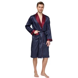 Tony & Candice Men's Satin Robe Lightweight Long Sleeve Silk Kimono Bathrobe with Shorts Set Sleepwear, Blue / Burgundy, X-Large