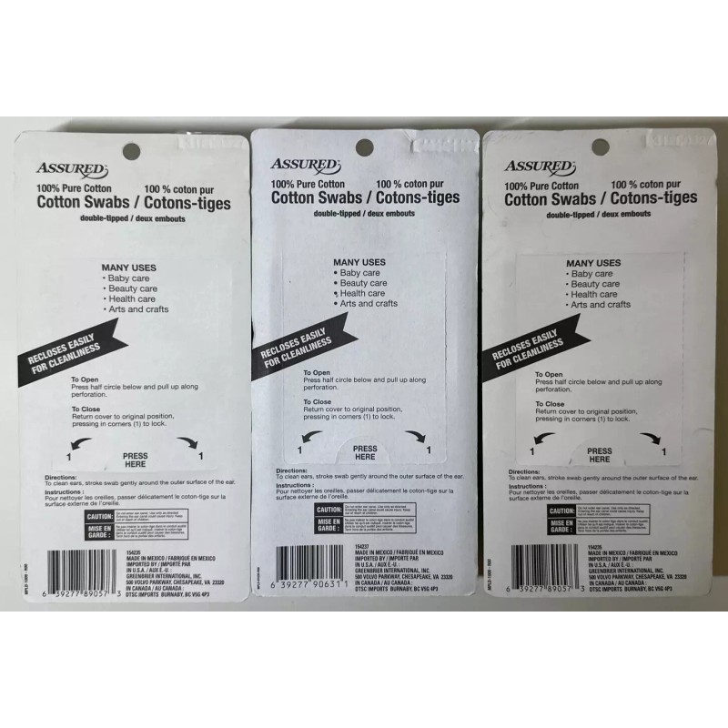 Assured LOT of 3 Assured 100% Cotton Swabs 300 Ct.