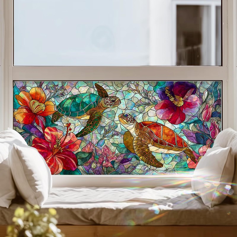 HOMETITUTE Sea Turtle Tropical Flower Window Cling 39.3x17.7 Inch PVC