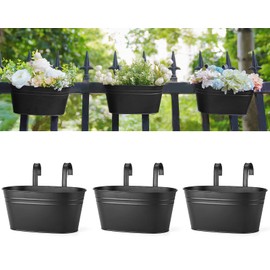 Dahey Metal Iron Hanging Flower Pots for Railing Fence Hanging Bucket Pots Countryside Style Window Flower Plant Holder with Detachable Hooks Home Decor,Black,3 Pcs