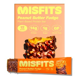 Misfits Vegan Protein Bars, Peanut Butter Fudge - Updated Recipe | Plant Based, Low Sugar & Carb, High Fiber Snacks | Pack of 12