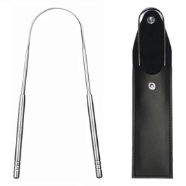 Limpiador de lengua para adultos con estuche de viaje de cuero, 100% acero inoxidable, reduce el mal aliento, cepillo para la lengua, fácil de usar, l