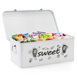 Frcctre Candy Storage Box, 4 Compartments Metal Candy Cookies Snacks Storage Tin Box with Lid Food Storage Container Farmhouse Kitchen Pantry Canister with Handle and Safety Lock