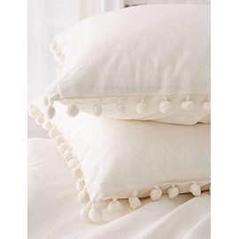 White Pom Pom Fringed Pillowcases Pillow Covers,19.7in x35.5in,Set of 2 (King)