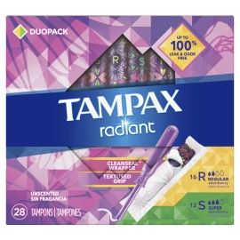 Tampax Duo Pack Radiant Plastic Tampons with Regular & Super Absorbency 28 Count