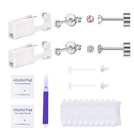 AVYRING 2MM Ear Piercing Kit - 2 Pcs Silver Self Ear Piercing Kit with Earring Stud Hypoallergenic Steel Tools at Home 20g Flat Back Earrings with 2mm CZ