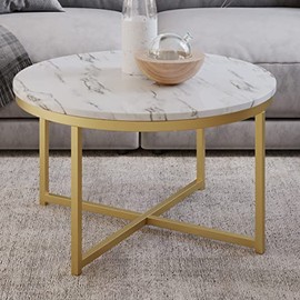 Coffee Table with Faux Marble Top - Modern Round Accent Table with Metal Crossbeam Base - Coffee Tables for Living Room by Lavish Home (White/Gold)
