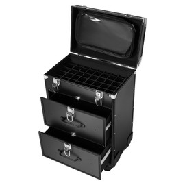 Rolling Makeup Case, Large Professional Cosmetic Trolley with Locks and Dividers, 3-Layer Aluminum Alloy Makeup Organizer for Makeup Artists, Nail Tech, Hair Stylists (Gold/Black/Pink) (Black)