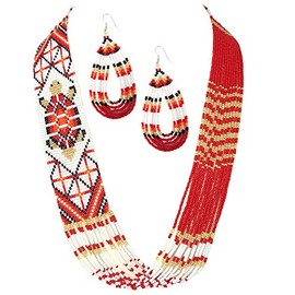 Lavivia Handmade Native American Style Beaded Necklace| Tribal-Inspired Beaded Necklace Earrings set| Glass Bead Necklace Fashion Jewelery for Women| Red and White