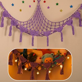 Stuffed Animal Storage Hammock, 56'' Jumbo Hanging Net Organizer for Nursery Teddy Plushie, Boho Macrame Tassels Corner Toy Holder Wall Mount, Purple Plush Toy Net w/LED Light for Boys Girls Gift