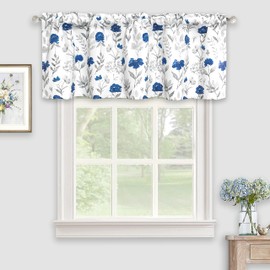 Inselnwald Watercolor Flower Window Curtain Valance, Blue Flower and Leaves Thermal Insulated Energy Saving Rod Pocket Valances for Kitchen Bathroom Living Room 52 Inch by 18 Inch, Navy Blue