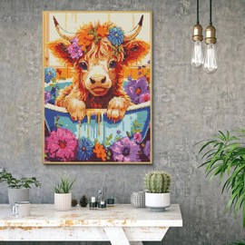 Eiazuiks Stamping Cross Stitch Kit, Highland Cattle Counting Cross Stitch Kit for Adult Beginners, Full Line DIY Stitching Kit for Home Decor Cross Stitch Patterns 12x16 inches