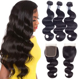 Amella Hair 8A Brazilian Human Hair Body Wave Bundles with Closure (10-14+10, Free Part) - 100% Unprocessed Brazilian Body Wave Hair Bundles with 4x4 Swiss Lace Closure