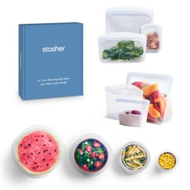 Stasher Premium Silicone Reusable Food Storage Bags and Stretch Lids 10-Pack, Clear | Airtight Seal | Food Containers & Covers, Boxed Starter Kit | BPA Free, Leak-free, Dishwasher Safe, Eco-Friendly