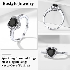 Eternal Love 1 Carat Black Heart Gemstone Ring Women's White Gold Vermeil Silver CZ Crystal Band Rings Stackable Index Finger Ring, Dainty Cute Casual Ring Every Day Wear Jewelry, Size 9