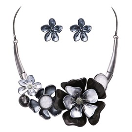 Rosemarie & Jubalee Women's Stunning Enamel and Lucite 3D Flower Collar Necklace and Earrings Jewelry Gift Set, 14"-17.5" with 3.5" Extension (Hematite/Gray Blacks)