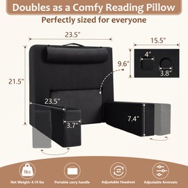 Halituny 2-in-1 Reading Pillow for Sitting in Bed Adult with Arm Rest，Ergonomic Lap Desk Pillow with Cup Holder, Back Rest Pillow for Couch Floor Sitting up, Watching TV, Reading, Gaming, Black