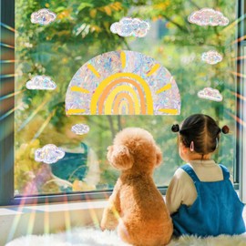 Suplanet Boho Half Sun Window Clings for Glass Windows, Bird Anti Collision Window Stickers for Birds, Window Decals to Prevent Bird Strikes, Non Adhesive Window Prism, Sun Catchers Indoor Window