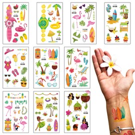 10 Sheets Hawaiian Temporary Tattoos Summer Topic Flamingo Temporary Tattoo Sticker Watch Coconut Tree Tattoo for Men Women Summer Holiday Sea Beach Party Favor Makeup Costume Supplies