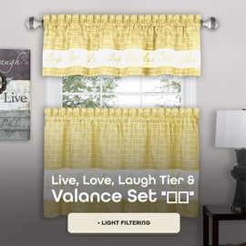 ACHIM Tier and Valance Window Curtain Set - 58 Inch Width, 24 Inch Length - Live, Love, Laugh (Yellow) - Light Filtering Drapes for Kitchen, Bedroom, Living & Dining Room Home Decor
