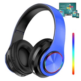 Led Light Headphones Wireless Bluetooth, Foldable Wireless Bluetooth Headphones Over Ear, Wired HiFi Stereo with Colorful Lights Built in Mic Suitable for PC/Laptop/Tablet/Phone Gaming/Exercise(Blue)