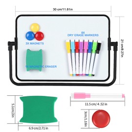 Whiteboard Magnetic Board, Small Double-Sided Whiteboard, Dry Erase, A4 Format Magnetic Board, with Dry Erase Pens, Eraser, Magnets, Holder, 30 x 21 cm