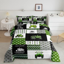 Feelyou Tractor Comforter Set Cartoon Farm Tractor Down Duvet for Kids Boys Girls Truck Car Bedding Set Harvester Excavator Comforter Green 1 Comforter Set with 1 Pillowcase Twin Size