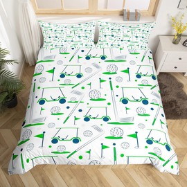 Feelyou Kids Golf Bedding Set Full Size Golf Ball Golf Club Bedding Duvet Cover Set for Boys Girls Teens Golf Lover Sports Hobby Comforter Cover Bedspread Cover Green White Bedroom Decor Quilt Cover
