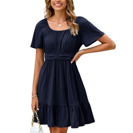 Simplee Womens Summer Dresses 2025 Mini Square Neck Casual Short Sleeve Shirred Flowy A-Line Dress with Pockets(Navy Blue M)