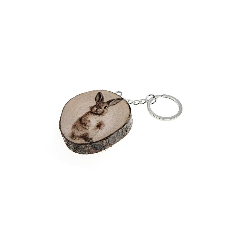 Generico Keyring Made of Natural Wood with Rabbit Farm Animal,
