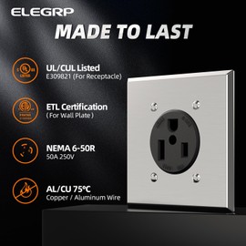 ELEGRP 50 Amps 250V Flush Mounting Power Outlet, NEMA 6-50R Receptacle UL Listed, Straight Blade Welder Outlet with Stainless Steel Wall Plate, Heavy Duty, Grounding, 2 Pole 3 Wire,1 Pack