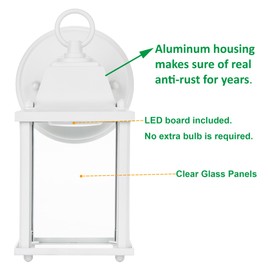 LIT-PaTH Outdoor LED Wall Lantern, Wall Sconce as Porch Light, 9.5W 800 Lumen, Aluminum Housing Plus Glass, 5000k-Matte White Finish, 1-Pack