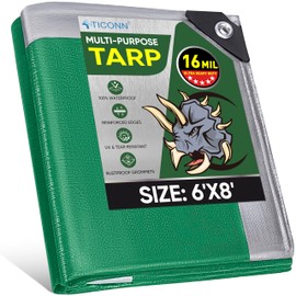 TICONN Heavy Duty Tarp Cover, Extra Thick Tarps Waterproof Tear and Rip Proof UV Resistant Tarpaulin with Reinforced Grommets and Edges (16 Mil, 6'x8')