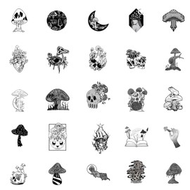 50PCS Black & White Gothic Stickers-Mushroom Edition, Spooky Elements for Dark Aesthetic Lovers