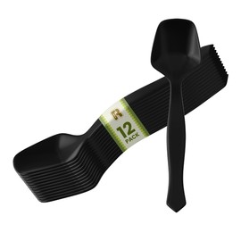 12 Pack Black Plastic Serving Spoons For Buffet 7.5 Inch - Black Plastic Serving Utensils For Hot And Cold Food - Disposable Serving Utensils For Parties, Holidays And Gatherings