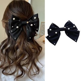 HAPVITAL Hair Accessory, Pearl Banana Clip, Large, Large, Small, Small, Simple, Jewel Drop, Diamond, Hair Accessory, Hair Clip, Popular, Korean, Women's, Adults, Commuting to Work (Black)