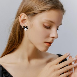 GPASTG Dainty Cute Velvet Bow Pearl Flower Dangle Drop Stud Earrings For Women Lover (Black)