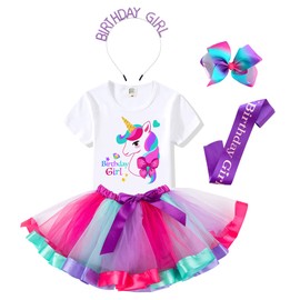 Birthday Girls Costume – Headband, Shirt, Tutu Skirt Dress, Satin Sash - Unicorn Gifts for Girls (TT74, 8 Years)