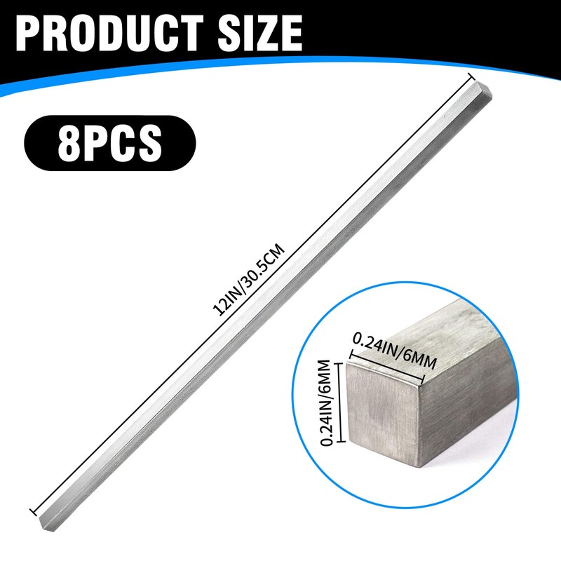 8 Pcs 1/4" x 1/4" x 12" Square Steel Key