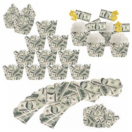 48Pcs 100 Dollar Bill Cupcake Wrappers and Toppers Set Currency Symbol Cupcake Holders with Treat Picks Kit Money Themed Party Decorations Supplies for Birthday Wedding Bachelorette Casino Party