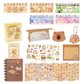 SWZY Cute Capybara Stationery Set,Capybara Pencil Case,Gift Bag,Coil Book,Convenience Book,ALEC Pendant,Bookmarks,Transparent Stickers,Plush Brooch,Convenience Book,Index Sticker,Acrylic Keychain