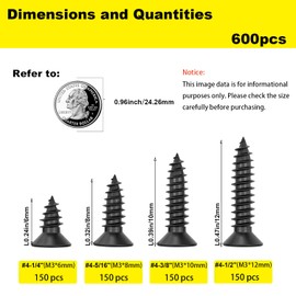 #4 Wood Screws Assortment Kit, Self-Tapping Phillips Drive Small Screws, Black Screws, Flat Head Small Wood Screws Made of Carbon Steel, 4 Sizes(1/4'',5/16'',3/8'',1/2'') 600pcs